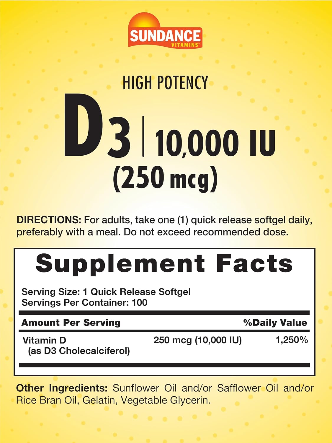 Sundance Vitamin D3 10,000 IU (250 mcg) | 100 Soft Gel Capsules | High Potency | Non-GM and Gluten-free Food Supplement - görsel 2