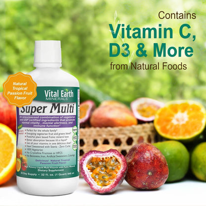 Vital Earth Minerals Super Multi – Liquid Multivitamin for Women, Men & Children, with Fulvic Acid for Better Absorption, MTHFR Support, 946ml + 30ml Cup