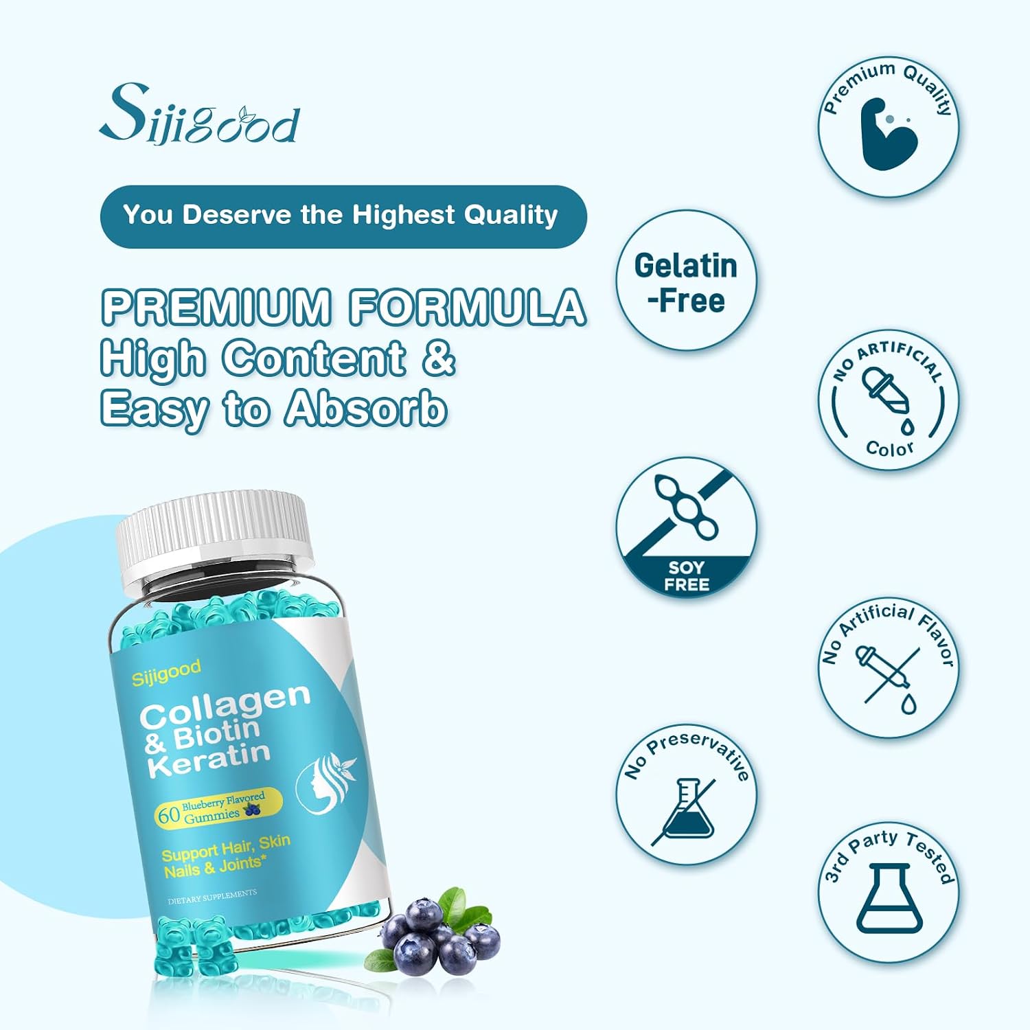 2 Pack Biotin Gummies with Collagen, Keratin, Hyaluronic Acid, Vitamins for Skin, Hair Growth, Nails – Blueberry Flavoured, 120 Gummies - görsel 7