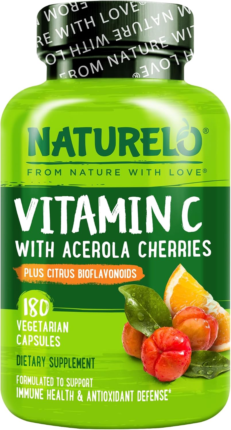 NATURELO Vitamin C with Organic Acerola Cherry and Citrus Bioflavonoids - 500 mg - 180 Vegan Capsules - görsel 1