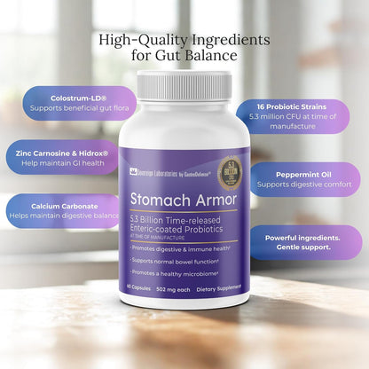 GastroDefense Stomach Armour - Shelf-Stable Prebiotic and Probiotic - Liposomal Colostrum-LD Enhanced. Beneficial Strains Colonise and Promote Gut Health, Designed for Adult Women and Men