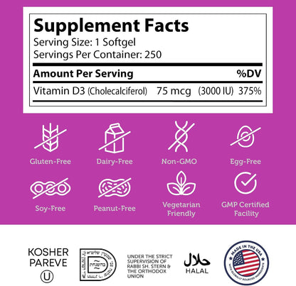 Zahler Vitamin D3 3000 IU, Vitamin D3 Supplement – 250 Soft Capsules