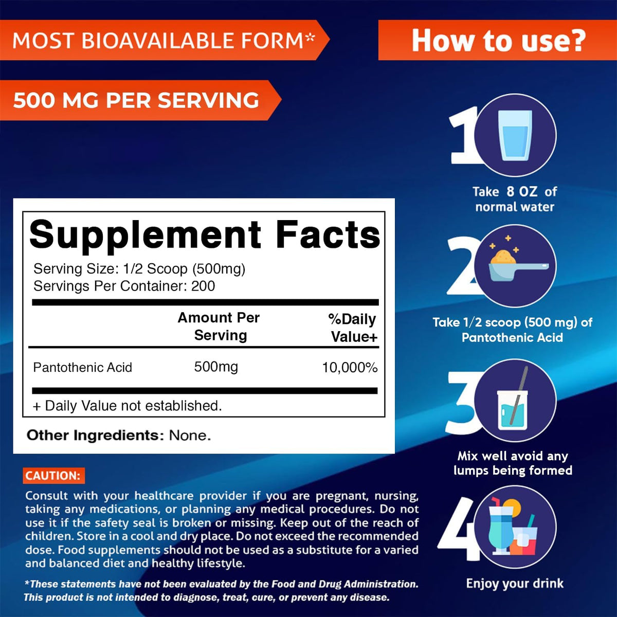 Vitamatic Pantothenic Acid Pure Powder, 500 mg per serving, 100 g (200 Servings) - görsel 2