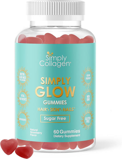 Simply Collagen Simply Glow Hair, Skin & Nails Gummies – Vegan, Sugar-Free, Gluten-free – Biotin 5000 mcg – 60 Count