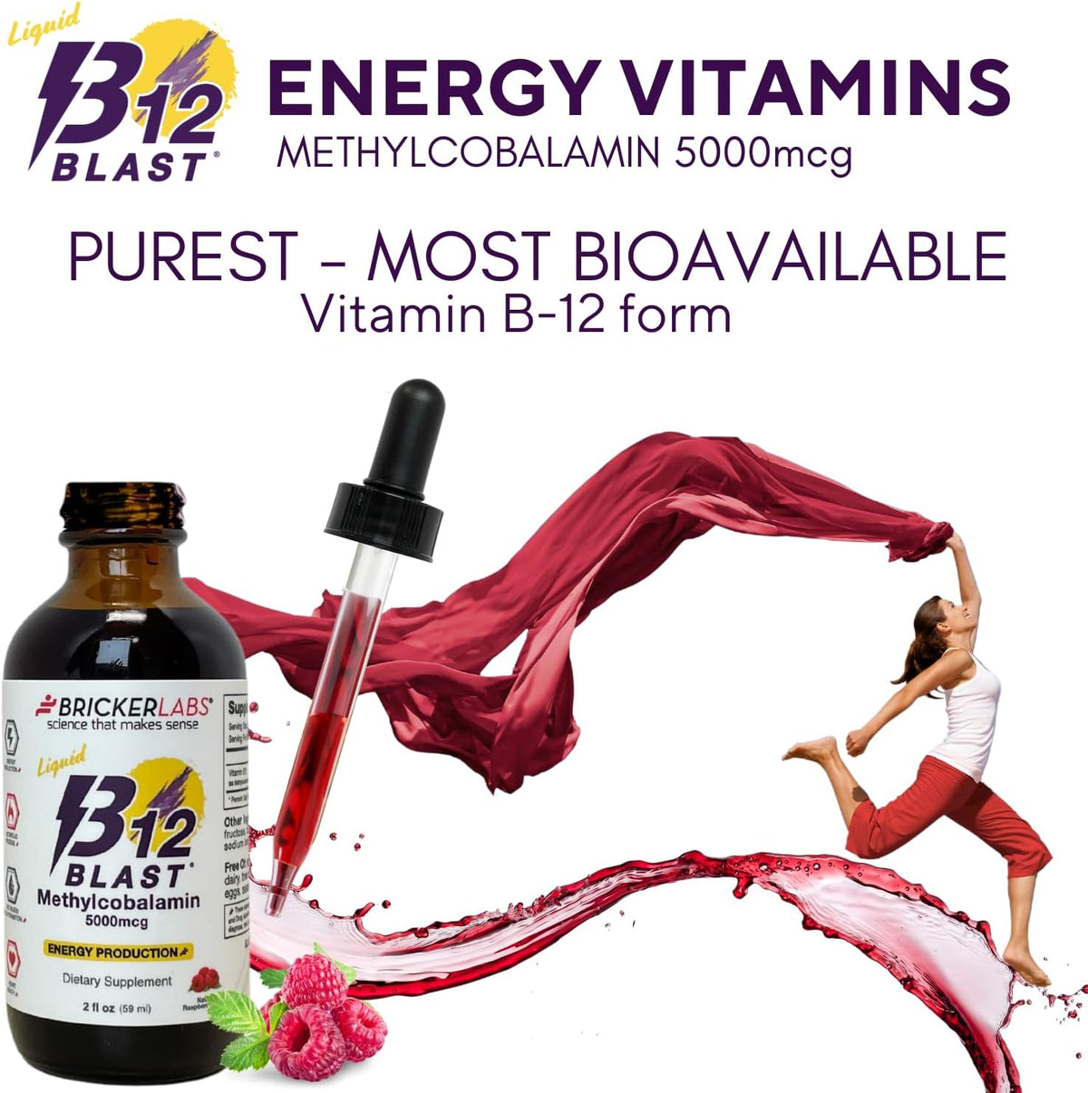 Bricker Labs B12 Blast Methylcobalamin 5000mcg Sublingual Liquid - Vegan B12 Energy Supplement - görsel 2
