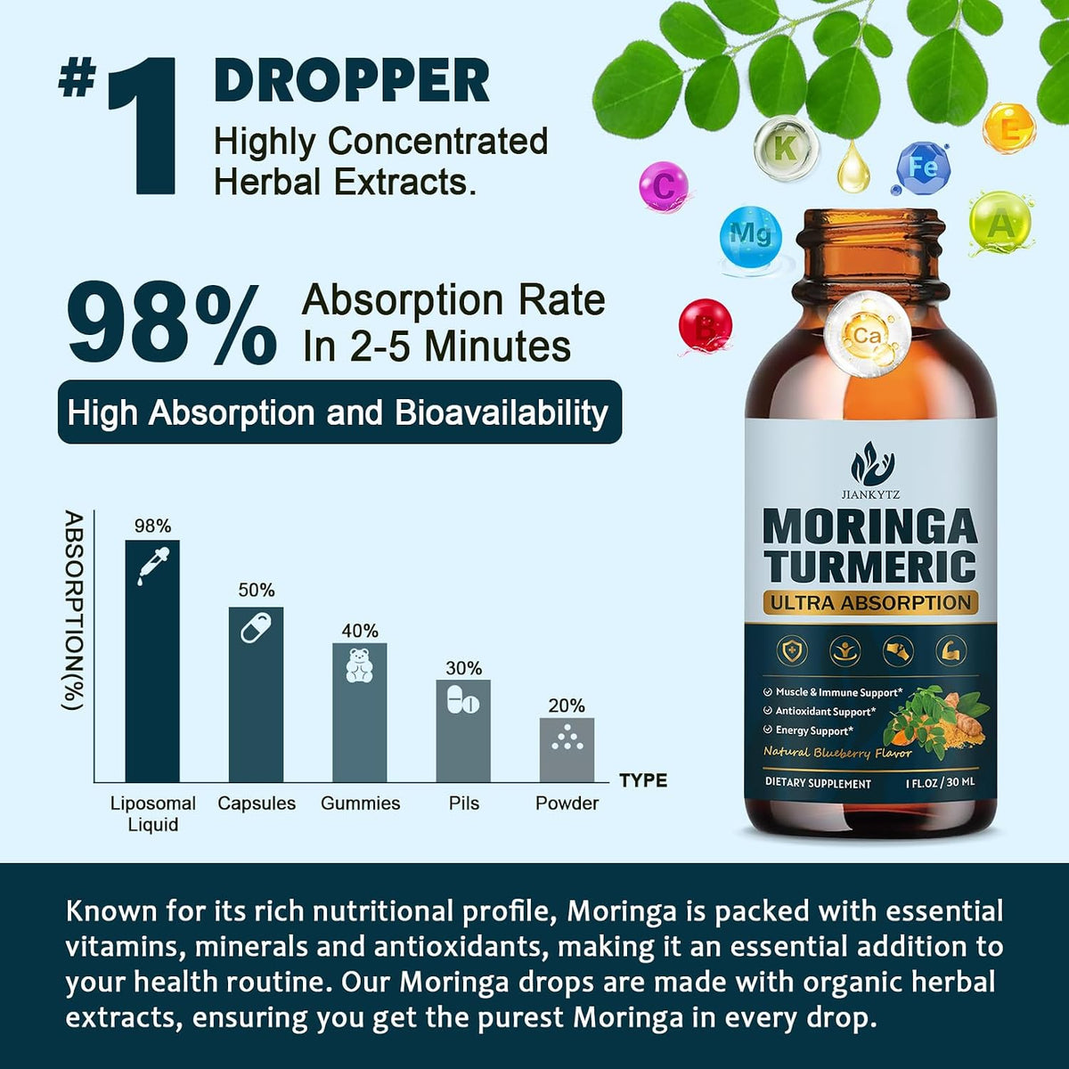 (2 Pack) Organic Moringa Leaf Extract Liquid Drops with Turmeric, Boswellia – Energy, Antioxidant, Skin & Immune Support – Vegan, Sugar-Free, 30 ml - görsel 3