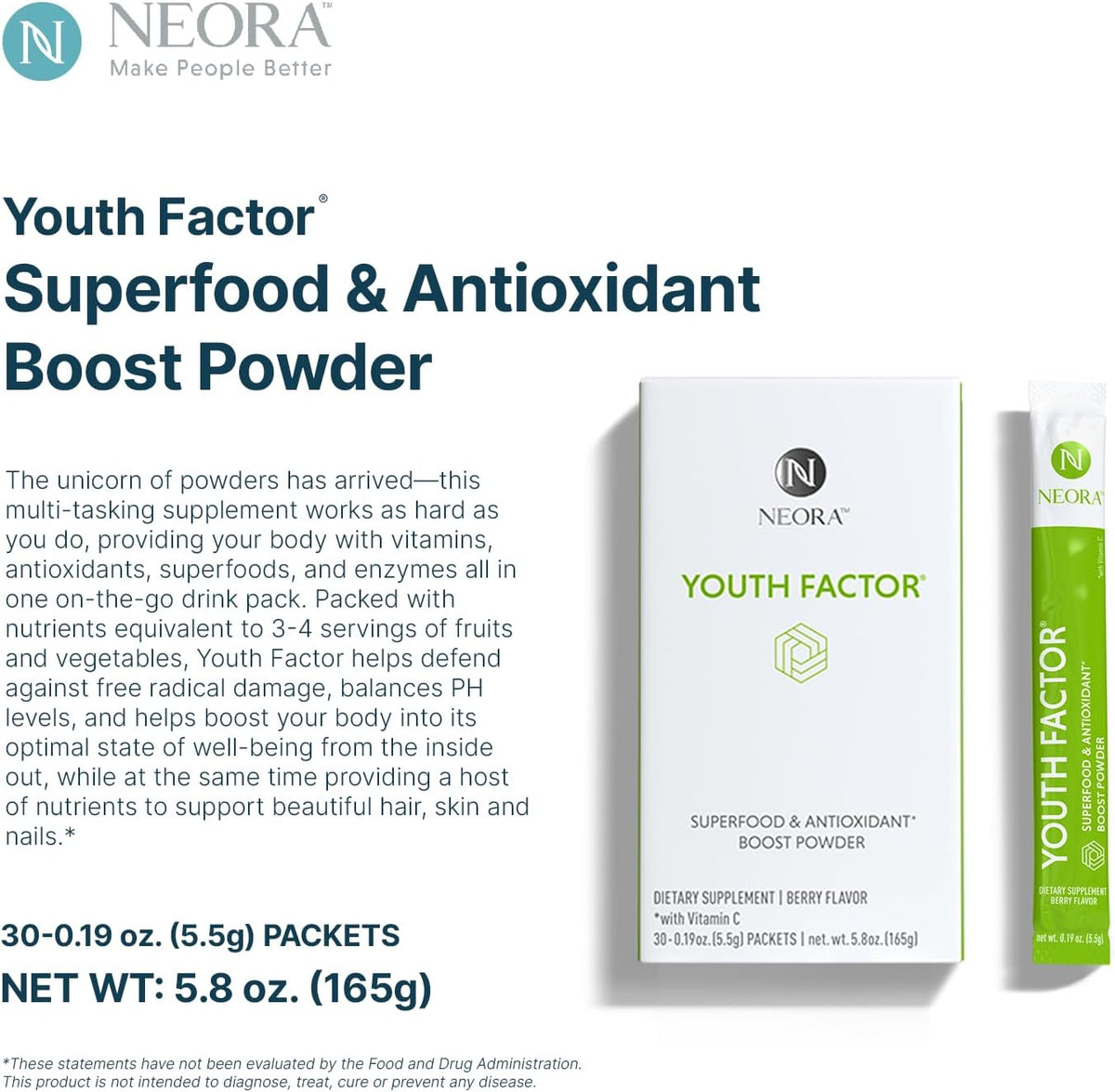 NEORA Youth Factor – Superfood Boost Powder – pH Balance, Hair Skin and Nails Support, Fruits & Vegetables Equivalent, Nutrient Absorption – 30 Packets - görsel 3
