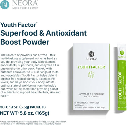 NEORA Youth Factor – Superfood Boost Powder – pH Balance, Hair Skin and Nails Support, Fruits & Vegetables Equivalent, Nutrient Absorption – 30 Packets