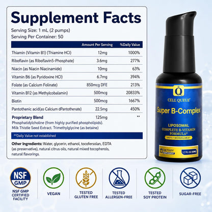 Cellqueue Liposomal Methyl B Complex Liquid – Active B Vitamin Formula with Methyl B12, Folate, TMG and Milk Thistle, 50 ml