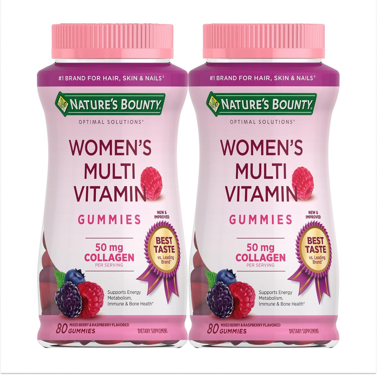 Nature's Bounty Optimal Solutions Women's Multivitamin Gummies for Immune Support, Energy Support, Bone Health, Raspberry Flavour, 80 Gummies (2 Pack) - görsel 1