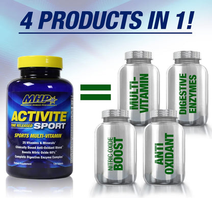 MHP Activite Sport Multi Vitamin – 25 Vitamins and Minerals with Nitric Oxide Booster, Digestive Enzymes, Antioxidants, 120 Tablets