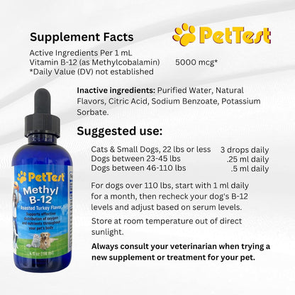 PetTest Methyl B12 Vitamin Liquid Drops for Dogs and Cats - 118 ml (5000 mcg Methylcobalamin)