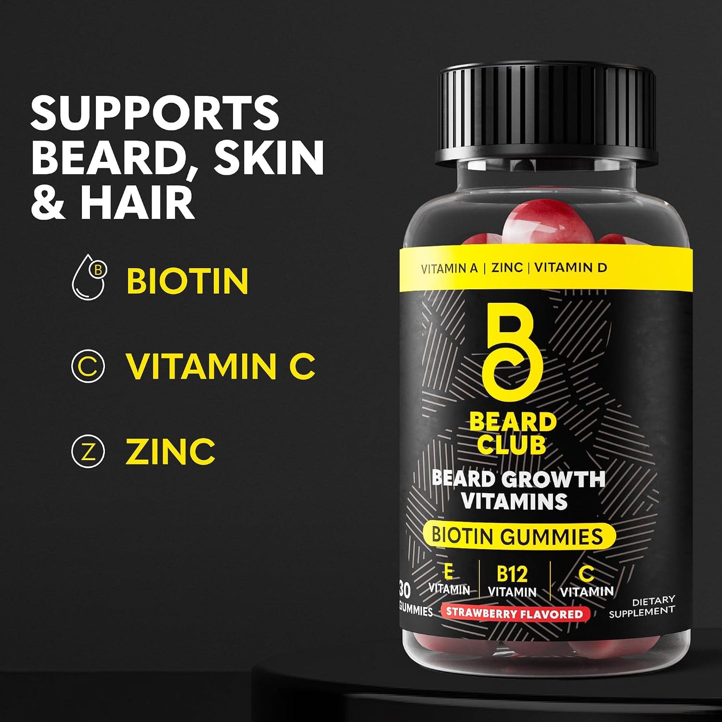 The Beard Club Biotin Beard Growth Vitamin Gummies – Hair Supplement for Men – Vitamins B12, E, & C to Support Thicker Fuller-Looking Facial Hair – Strawberry Flavour Gummy - görsel 2