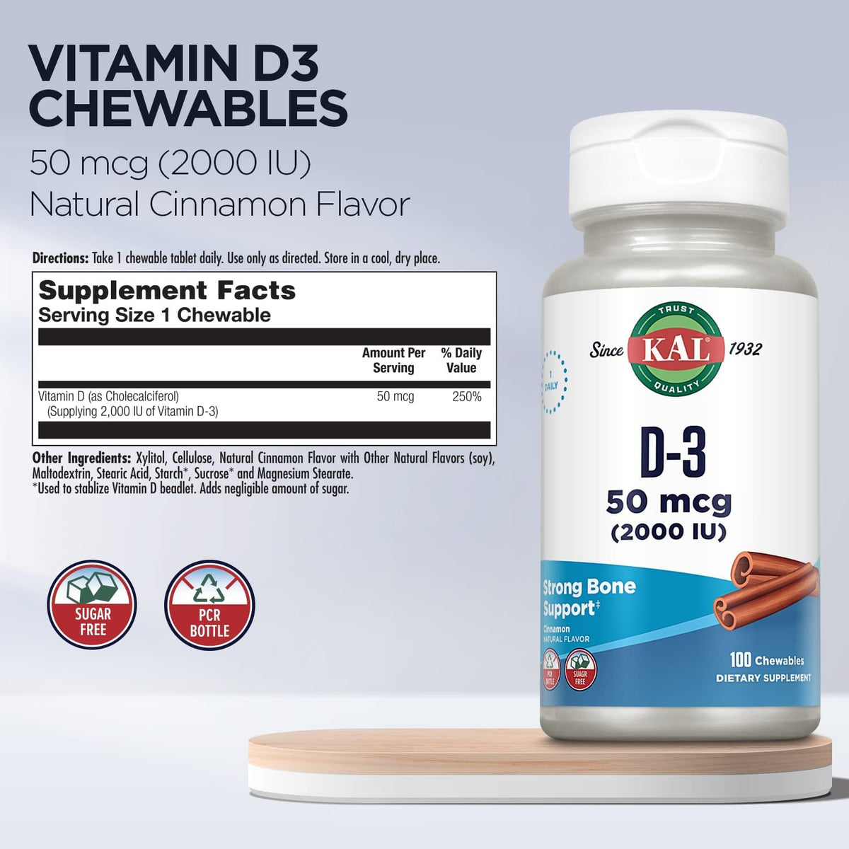 KAL Vitamin D3 Chewables - 2000 IU (50 µg) - Sugar Free Natural Cinnamon - 100 Chewables - görsel 3