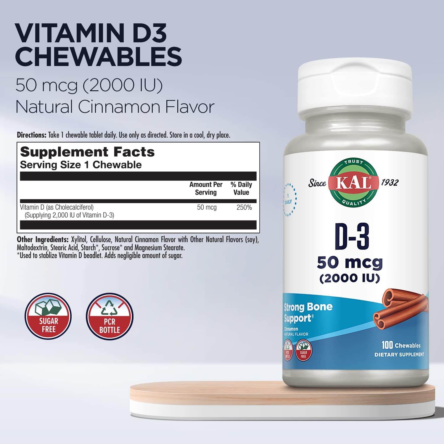 KAL Vitamin D3 Chewables - 2000 IU (50 µg) - Sugar Free Natural Cinnamon - 100 Chewables - görsel 3