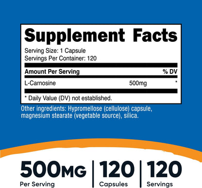 Nutricost L-Carnosine 500mg, 120 Capsules - Gluten-free & Non-GMO