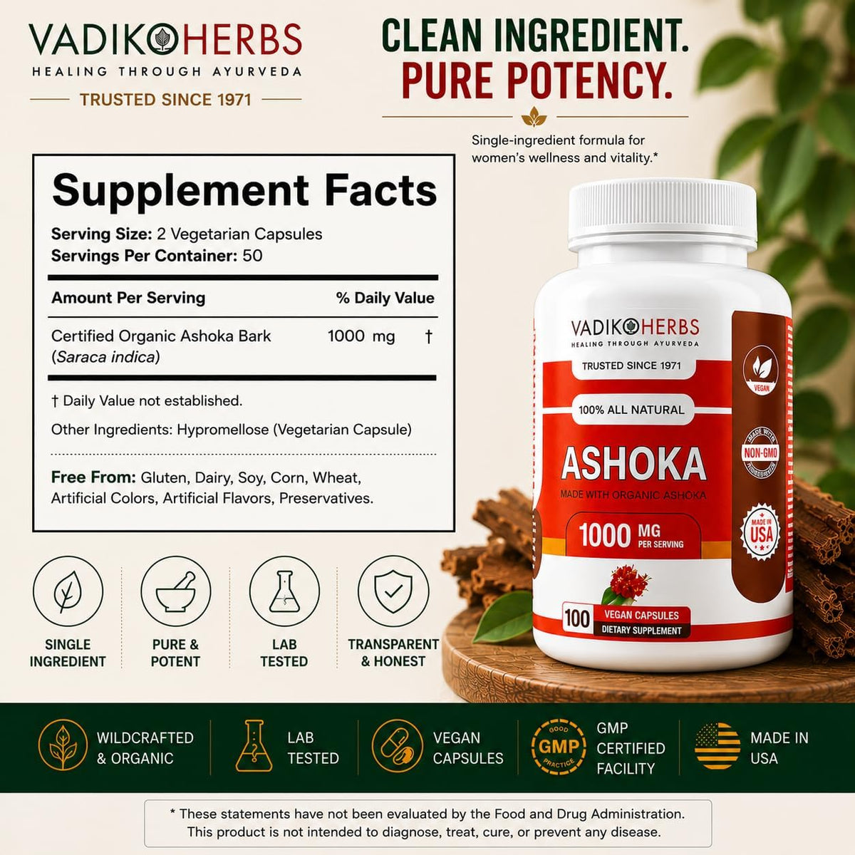 Vadik Herbs Ashoka Bark Capsules – Organic Saraca Indica, 1000mg – Women's Wellness & Hormonal Balance Support - görsel 5