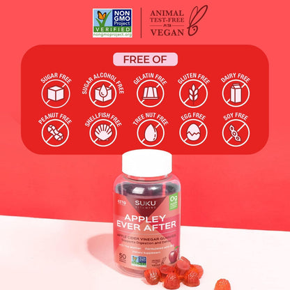 SUKU Appley Ever After Gummies – Apple Cider Vinegar with Methylated B12 & Folate – Sugar-Free, Vegan, Gluten-Free – 50 Gummies