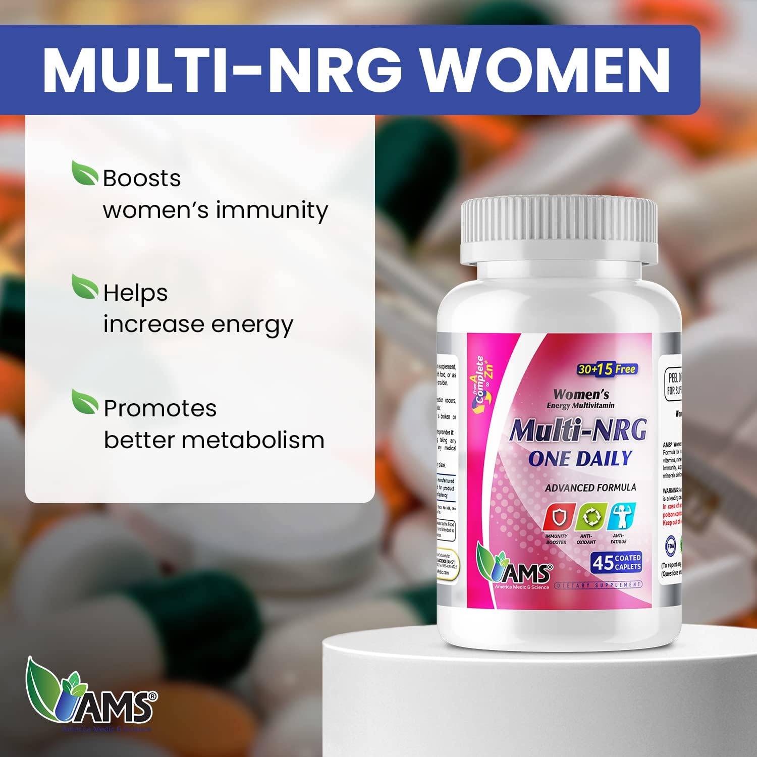 America Medic & Science Women's Multivitamin Multi-NRG - 45 Coated Caplets - görsel 2