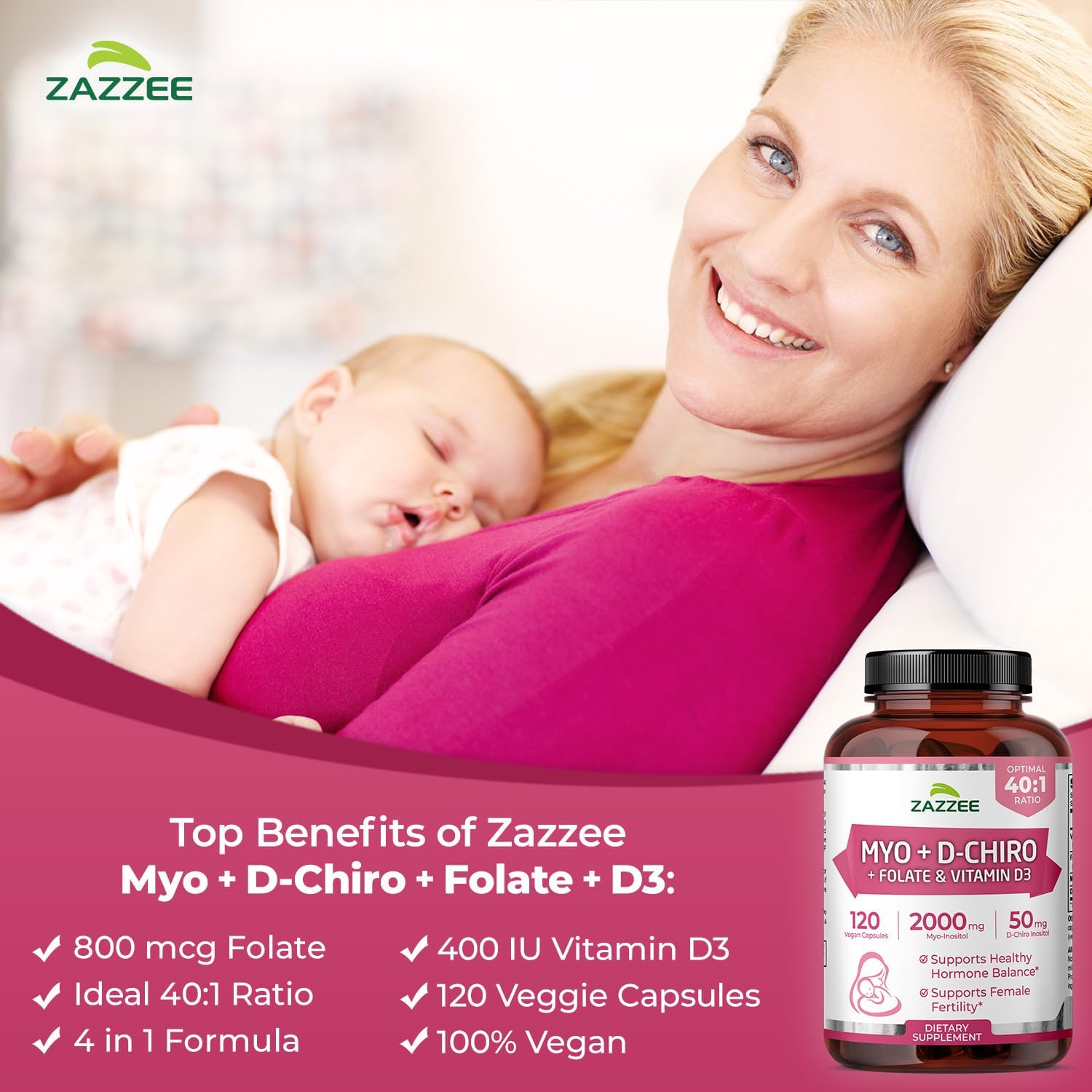 Zazzee Myo & D-Chiro Inositol with Vitamin D3 & Folate, 120 Vegan Capsules - görsel 3