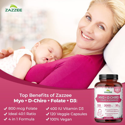 Zazzee Myo & D-Chiro Inositol with Vitamin D3 & Folate, 120 Vegan Capsules