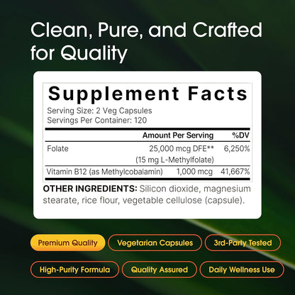 NatureBell Methyl Folate 15mg with Methyl B12 - 240 Capsules - L-Methylfolate & Vitamin B12 for Energy & Mood Support
