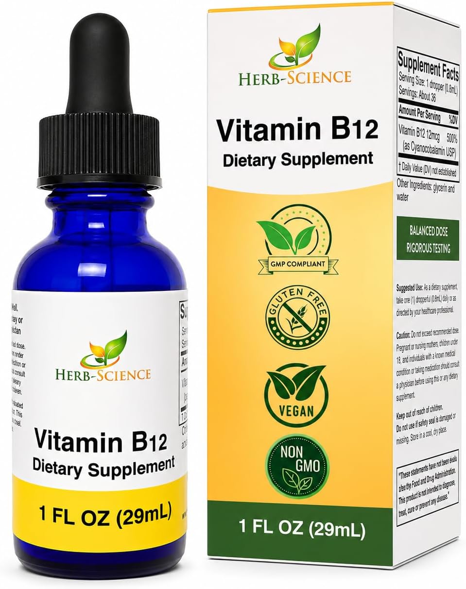 Herb-Science Liquid Vitamin B12 – Cold-Pressed Cyanocobalamin Sublingual Drops, Vegan, Alcohol-Free, 1 fl oz - görsel 1