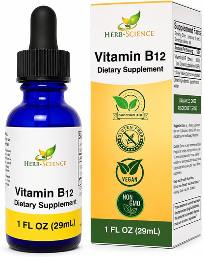 Herb-Science Liquid Vitamin B12 – Cold-Pressed Cyanocobalamin Sublingual Drops, Vegan, Alcohol-Free, 1 fl oz