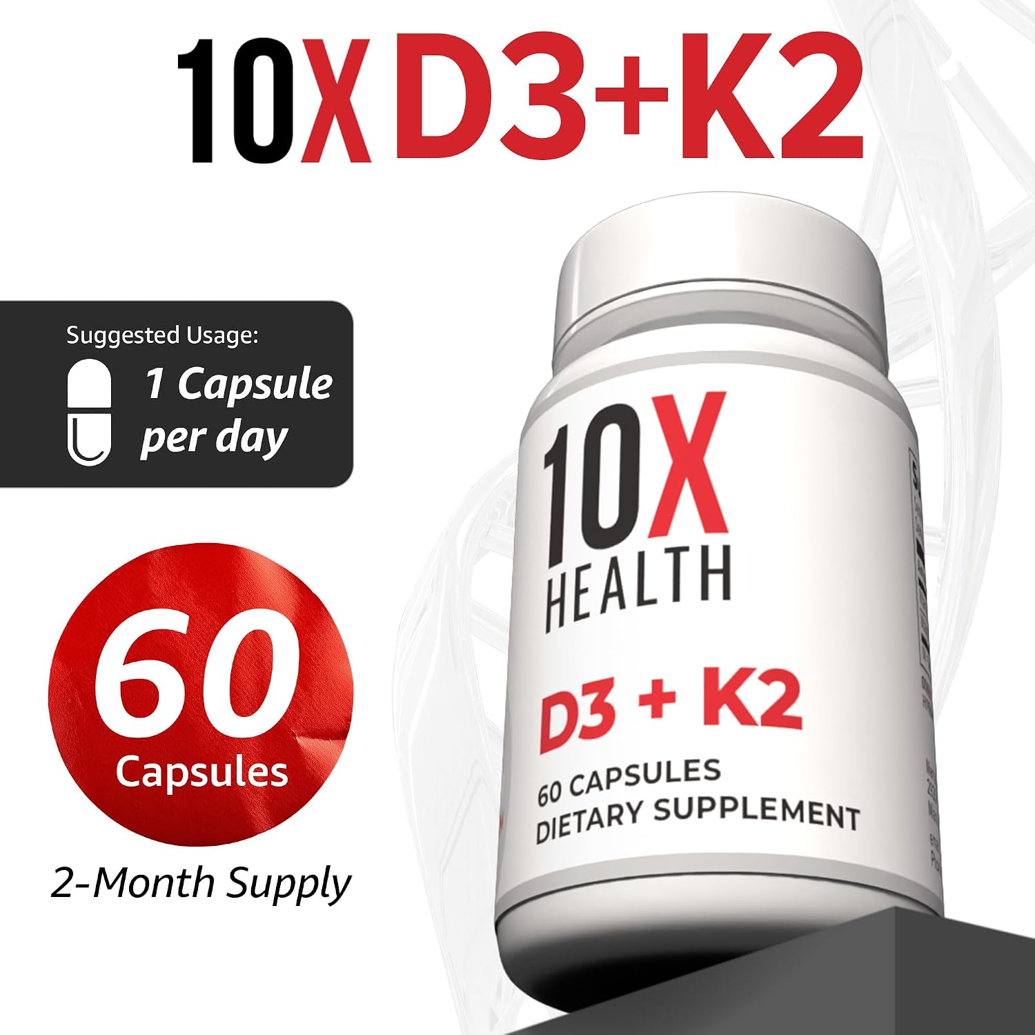 10X Health Vitamin D3 5000 IU & K2 MK7 - Menaquinone 7, High-Potency D3 K2 Supplement for Bone, Heart and Teeth - 60 Capsules - görsel 5