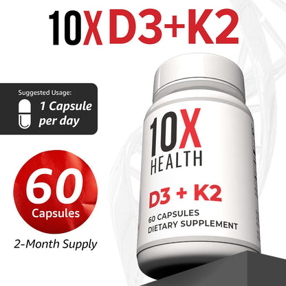 10X Health Vitamin D3 5000 IU & K2 MK7 - Menaquinone 7, High-Potency D3 K2 Supplement for Bone, Heart and Teeth - 60 Capsules