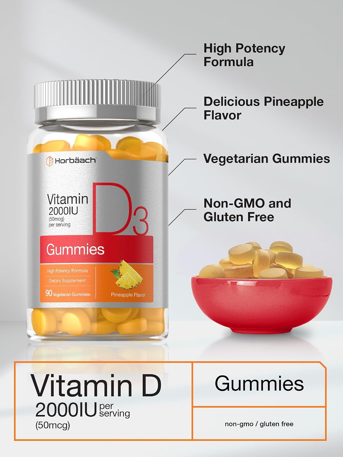 Horbäach Vitamin D3 2000 IU Gummies - Vegetarian, Pineapple Flavour, 90 Count - görsel 4
