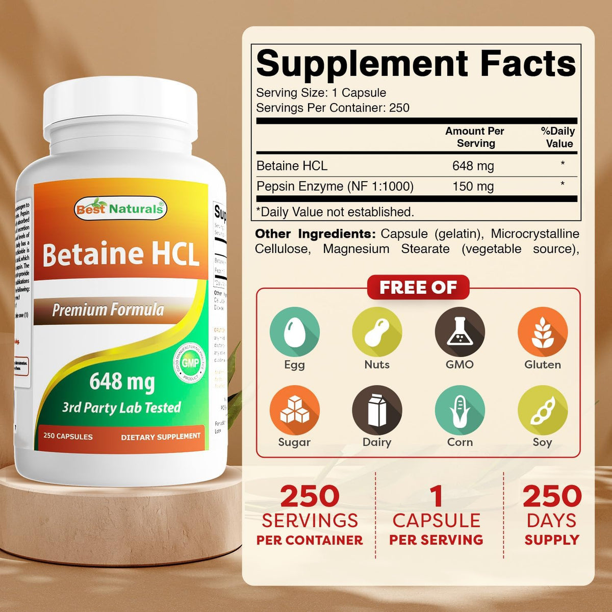 Best Naturals Betaine HCL 648 mg - 250 – Nutrient Absorption: Adequate stomach acid is vital for absorbing vitamin – Image 2