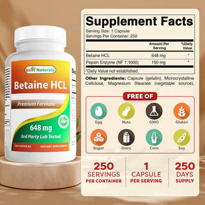 Best Naturals Betaine HCL 648 mg - 250 – Nutrient Absorption: Adequate stomach acid is vital for absorbing vitamin – Image 2