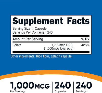 Nutricost Folic Acid (Vitamin B9) 1000 mcg, 240 Capsules