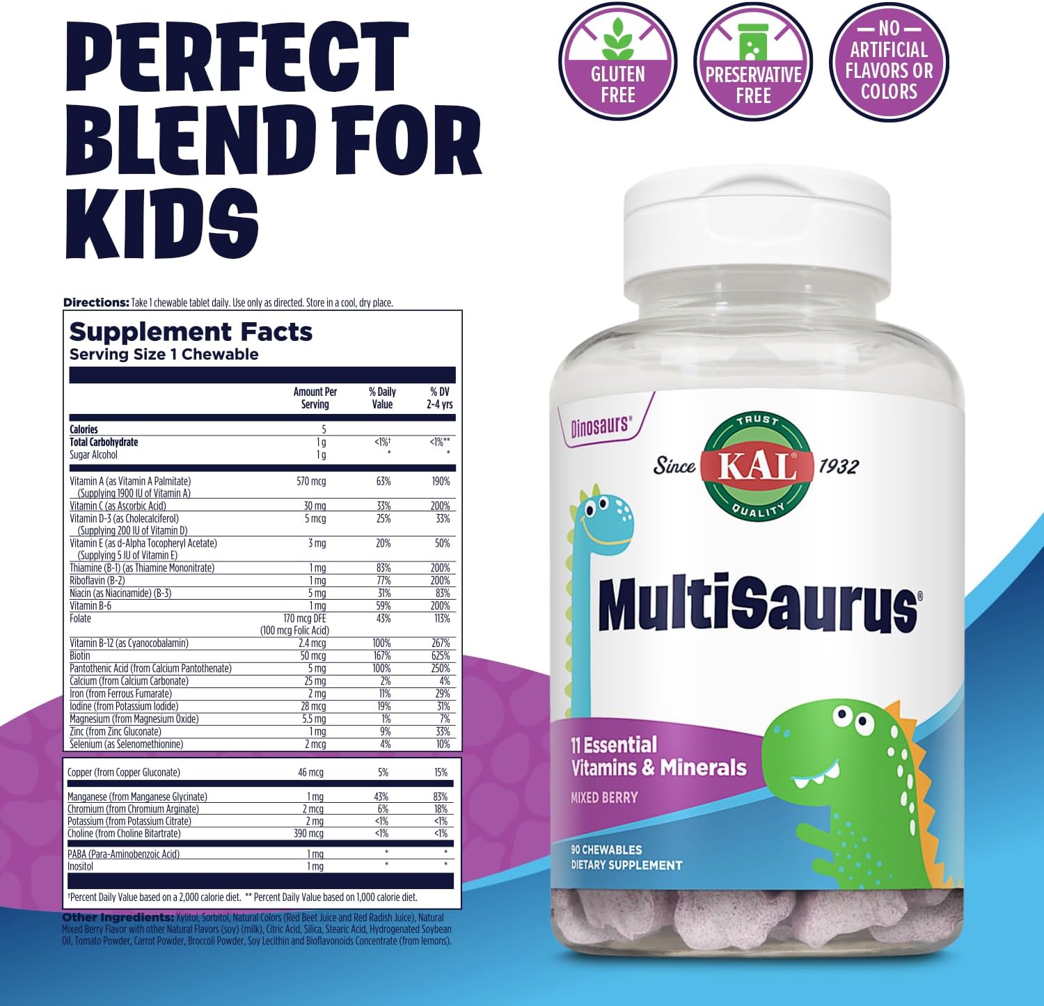 KAL MultiSaurus Kids Complete Multivitamin - Daily Multivitamin with Iron, Mixed Berry Flavour, 90 Chewables - görsel 2