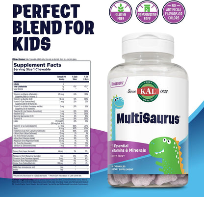KAL MultiSaurus Kids Complete Multivitamin - Daily Multivitamin with Iron, Mixed Berry Flavour, 90 Chewables
