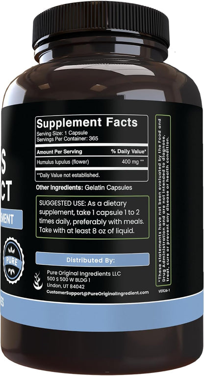 Pure Original Ingredients Hops Extract (365 Capsules) - No Fillers, Lab Verified
