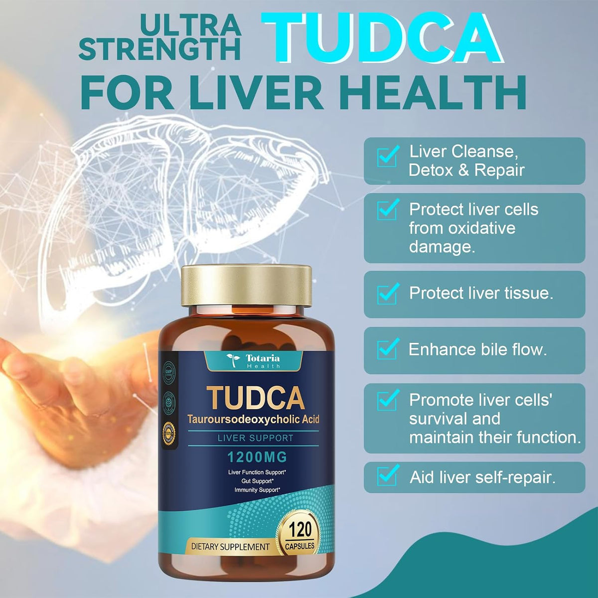 Totaria TUDCA Supplement 1200mg (Tauroursodeoxycholic Acid), 120 Capsules, Ultra Strength - görsel 5