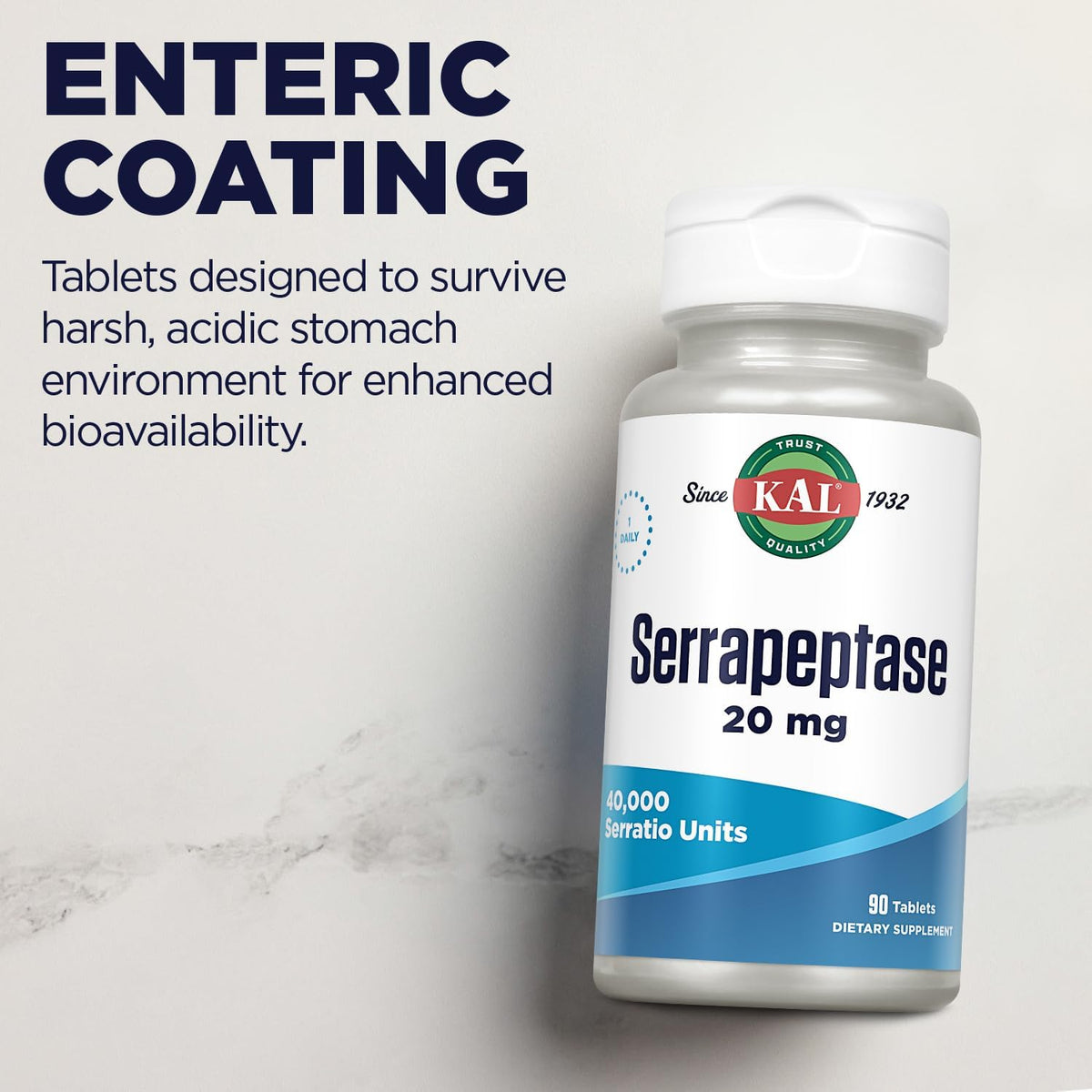 KAL Serrapeptase 20 mg - Proteolytic Digestive Enzymes - 90 Enteric Coated Tablets - görsel 5