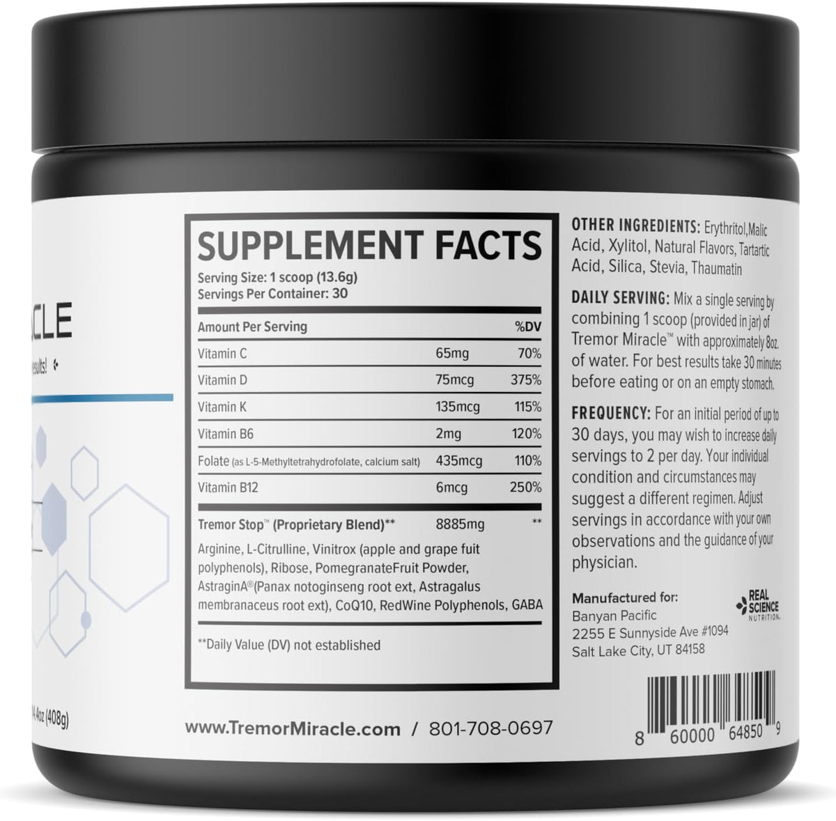 Real Science Nutrition Tremor Miracle - Herbal Supplement Powder for Nervous System Support (380g, Grape Flavour) - görsel 3