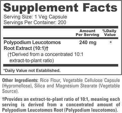 NusaPure Polypodium Leucotomos Capsules, 240 mg, 200 Veg Capsules