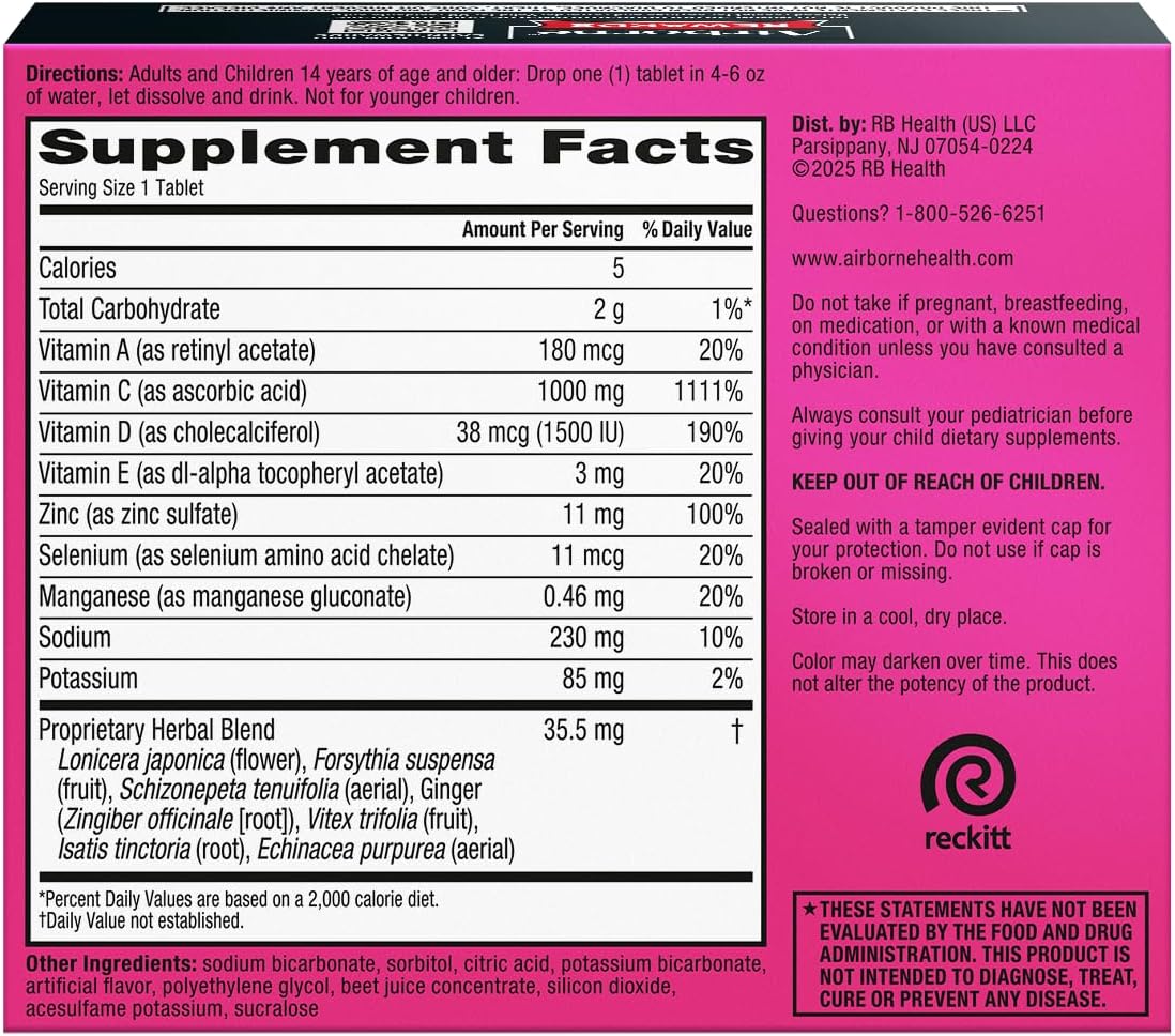 Airborne Immune Support Effervescent Tablets, Very Berry Flavour – 30 Tablets with 1000mg Vitamin C + Vitamins A, D, E, Zinc, Selenium, Manganese & Herbal Blend – Sugar-Free, Gluten-Free - görsel 9