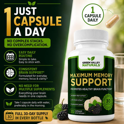 Green Valley Naturals Maximum Memory Support | Cognitive Formula with Lion's Mane, Mulberry, Phosphatidylserine & Methylated B Vitamins | 30 Capsules