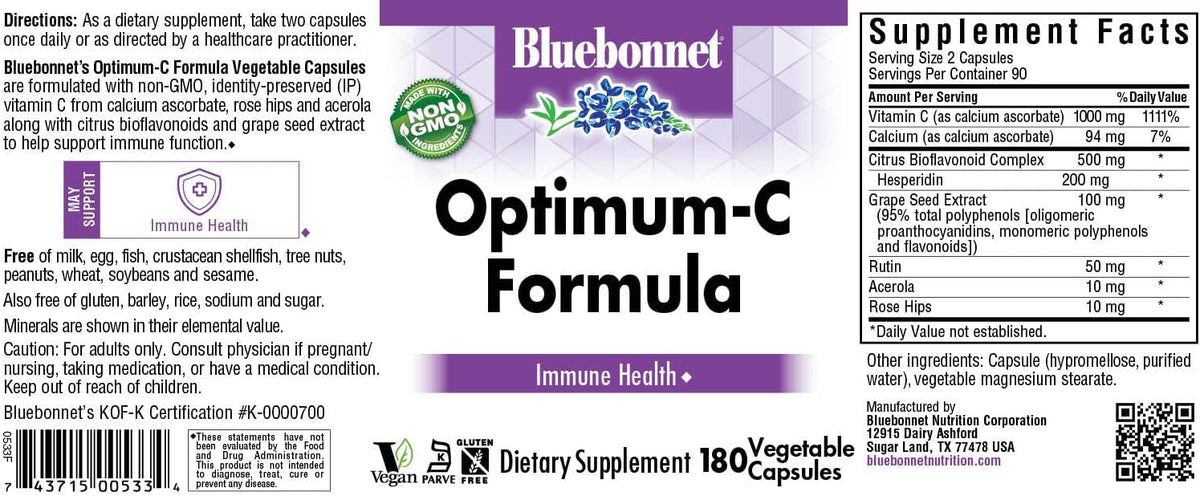BlueBonnet Optimum C Formula Vitamin C 1000mg Vegetable Capsules, 180 Capsules - görsel 2