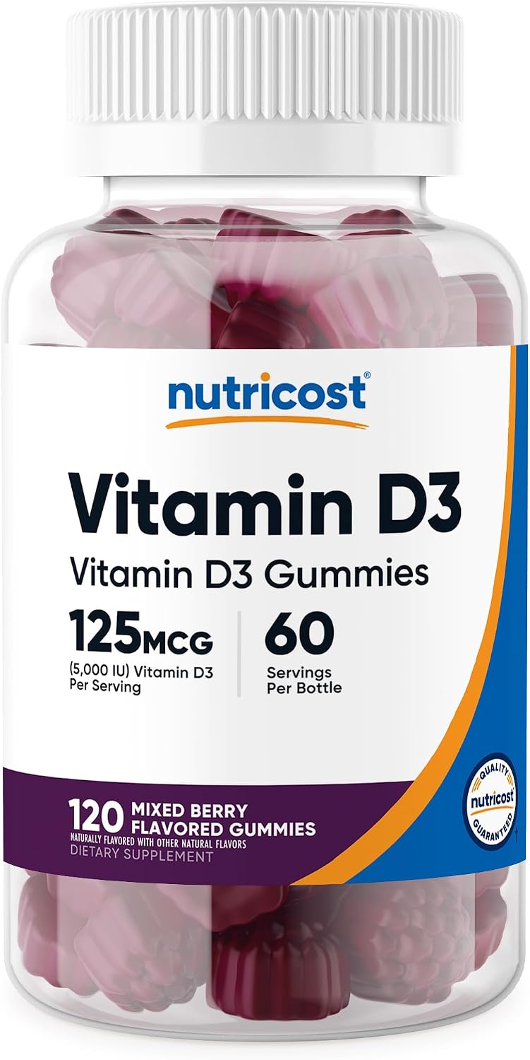 Nutricost Vitamin D3 Gummies 5,000 IU (125 mcg), 120 Gummies - Mixed Berry Flavour, 60 Servings - görsel 1