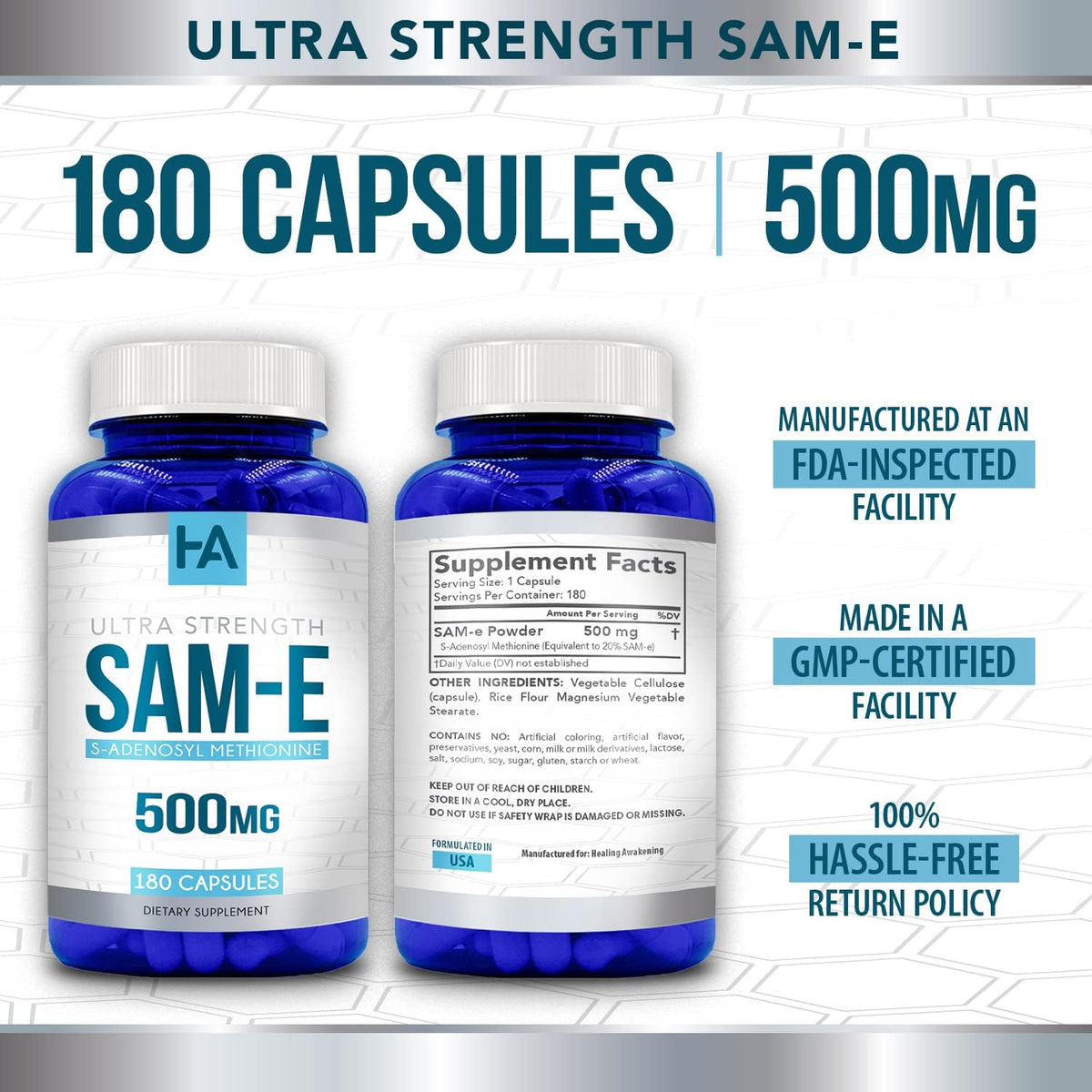 High Strength 500mg SAM-e Supplement - S-Adenosyl Methionine for Bone, Joint & Mood Support - Vegan, Non-GM, 180 Vegetarian Capsules - görsel 5