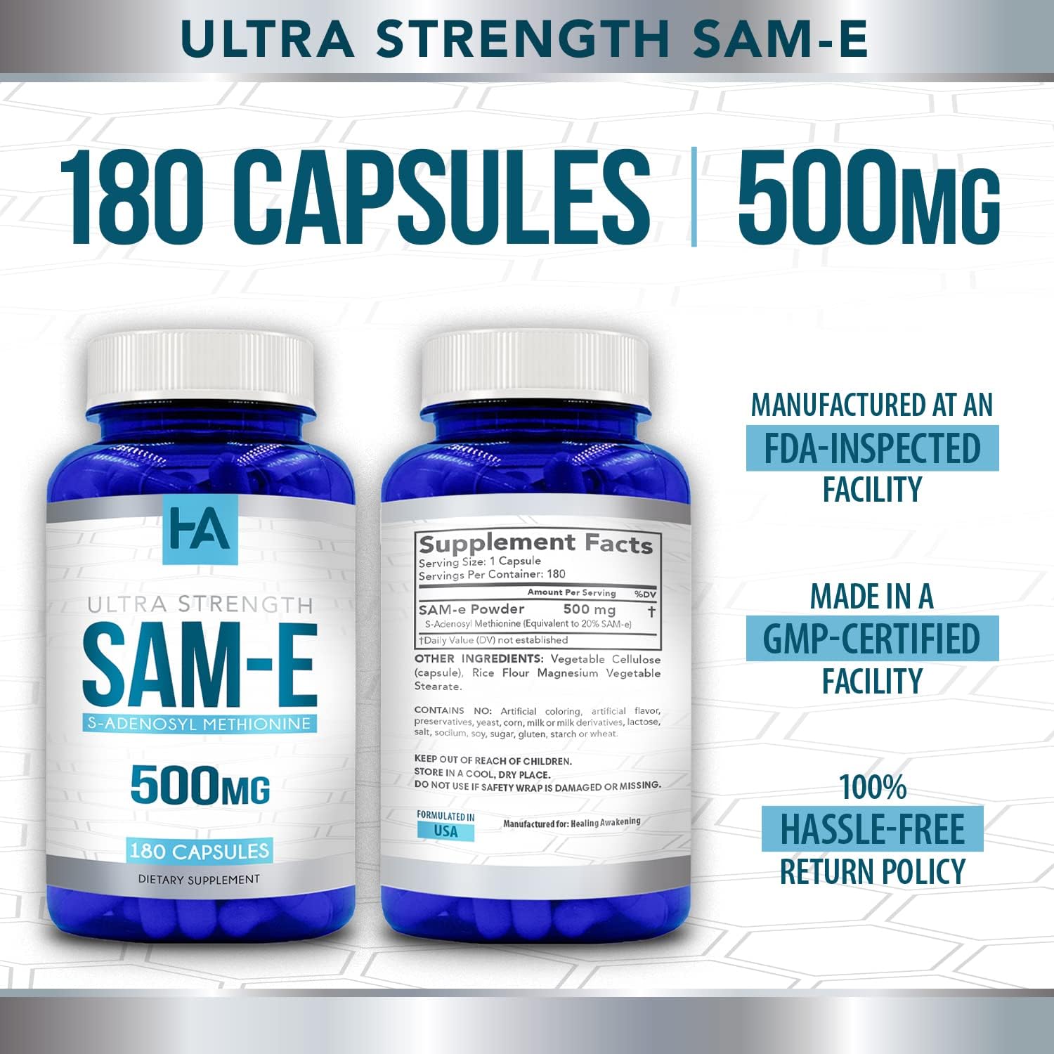 High Strength 500mg SAM-e Supplement - S-Adenosyl Methionine for Bone, Joint & Mood Support - Vegan, Non-GM, 180 Vegetarian Capsules - görsel 5