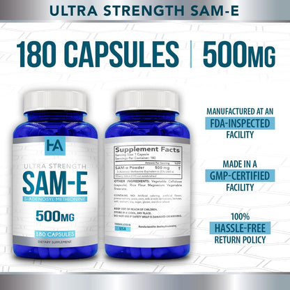 High Strength 500mg SAM-e Supplement - S-Adenosyl Methionine for Bone, Joint & Mood Support - Vegan, Non-GM, 180 Vegetarian Capsules