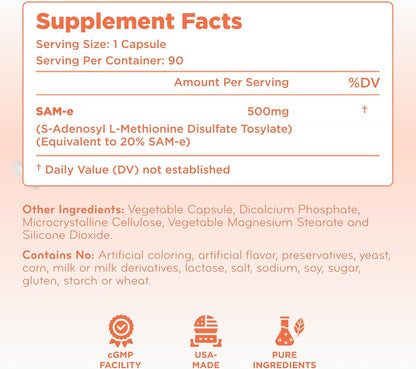 Extra Strength SAMe 500mg – S-Adenosyl-L-Methionine Supplement for Joint and Mood Support (90 Capsules)
