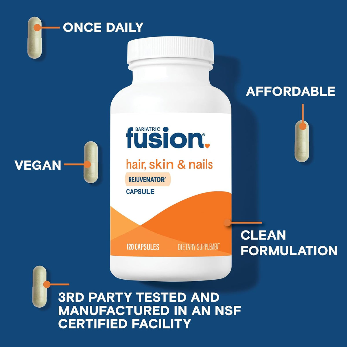 Bariatric Fusion ONE Per Day Hair, Skin and Nails Vitamins REJUVENATOR – Vegan Hair Growth Vitamins with Biotin, Vitamin B12 and B1 – Easy to Swallow – 120 Capsules - görsel 3